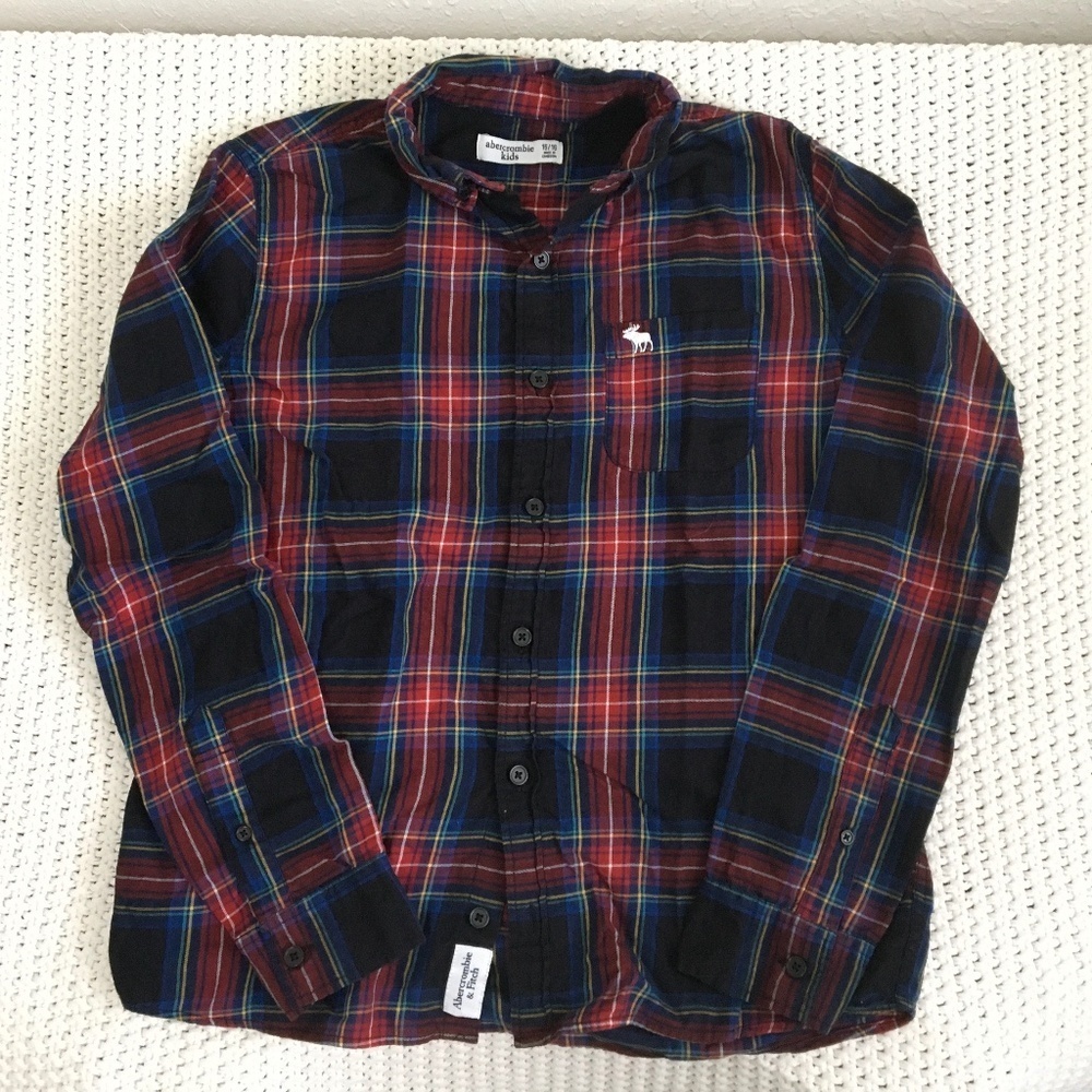 ABERCROMBIE KIDS FLANEL PLAID BUTTON DOWN SHIRT SIZE 15/16 BLUE RED GREEN YELLOW